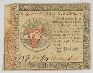 Print, Continental Currency, Fifty-five Dollars, Issued by Congress on 14th January 1779, No. 64405