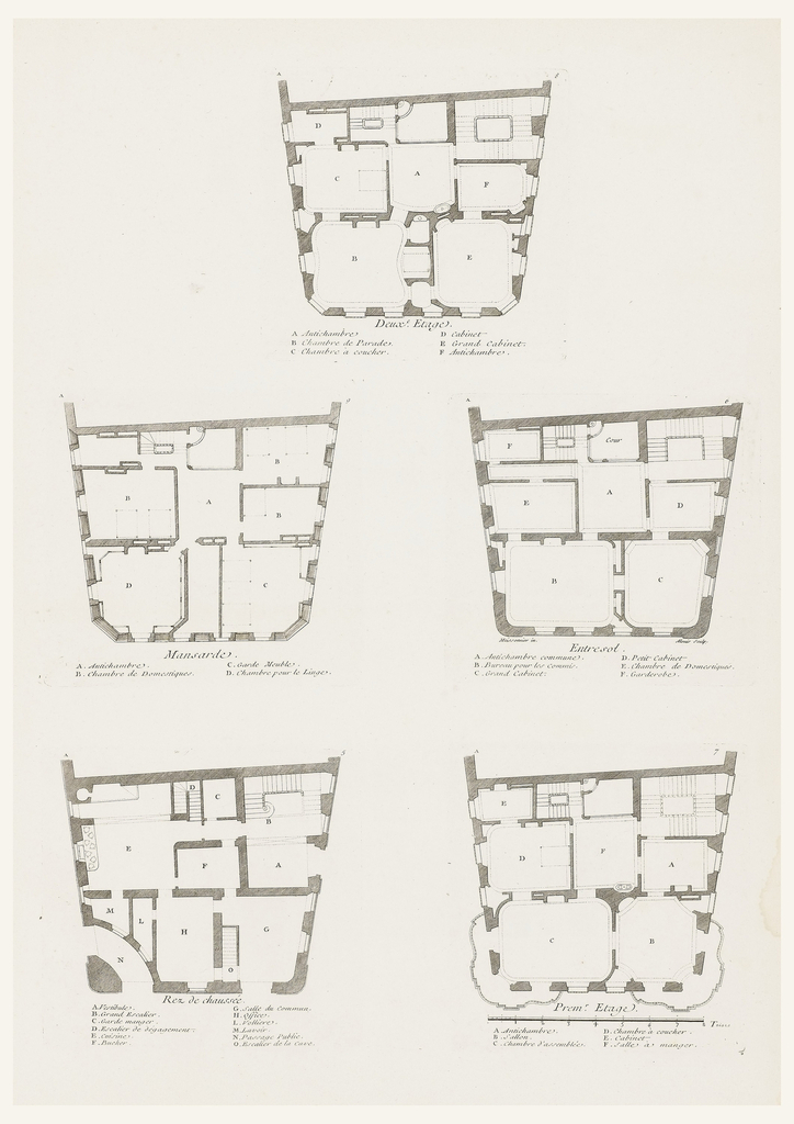 Print, Deuxième Etage, Maison du Sieur Léon Brethous (Second Floor Plan of Léon Brethous House), plate 8, from Oeuvres de Juste-Aurèle Meissonnier (Works of Juste-Aurèle Meissonnier)