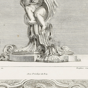 Print, Ornament Panel with Shell Fountain Flanked by Garlands and Volutes, pl. 22 in Oeuvre de Juste-Aurèle Meissonnier, 1748