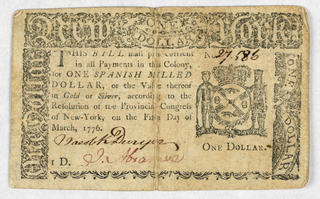 Print, One Dollar, Issued by the Provincial Congress of New York, No. 27586