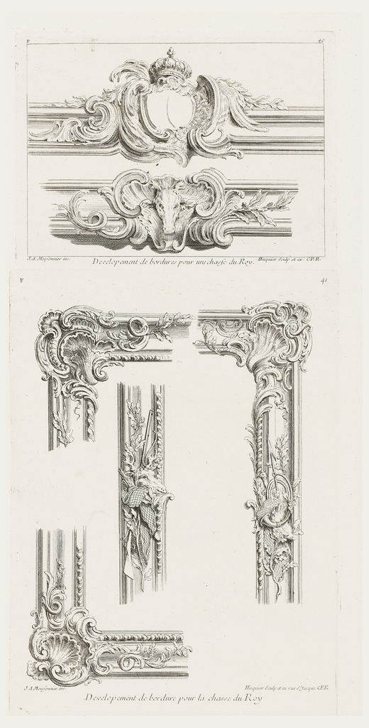 Print, Developement de bordures pour une chasse du Roy., Deux détails..., 6th Plate [Two details for the frame of a Hunting picture for the King], pl. 40 in Oeuvre de Juste-Aurele Meissonnier