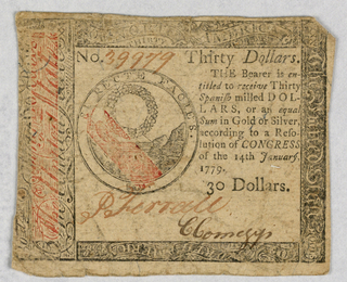 Print, Continental Currency, Thirty Dollars, Issued by Congress on 14th January 1779, No. 39979