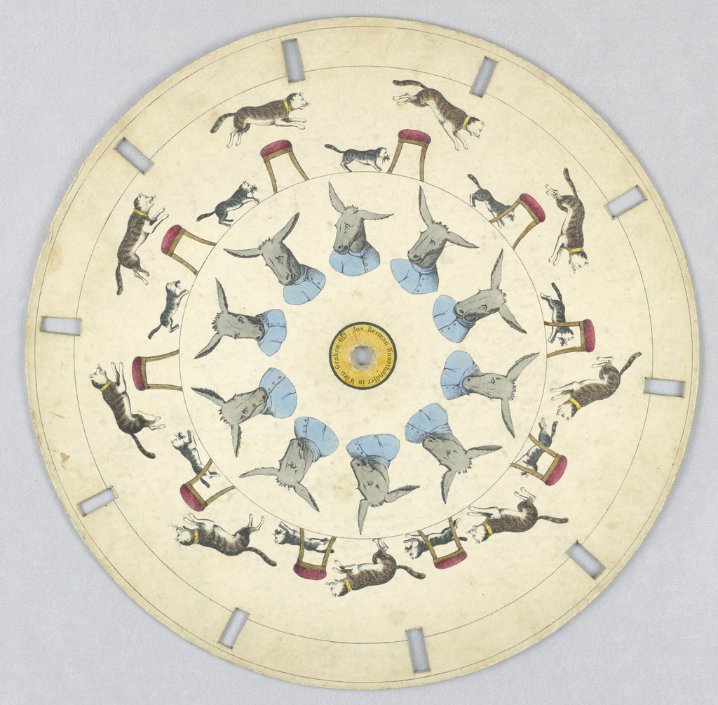 Optical Toy, Phenakistiscope Disc with Cats and Donkey