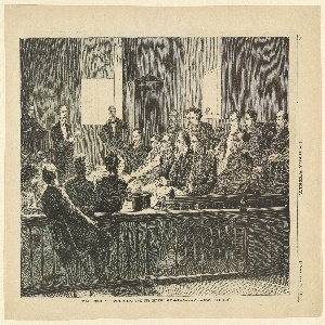 Print, Jurors listening to counsel, Supreme Court, New City Hall, N.Y., Harper