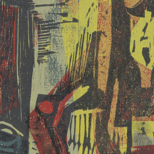 Print, Woodcut in colors. Horse and figure, 1953