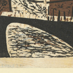 Print, Colored woodcut: City skyline, 1953