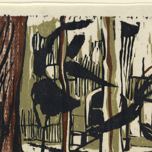 Print, Colored woodcut: "Bryant Park", 1957