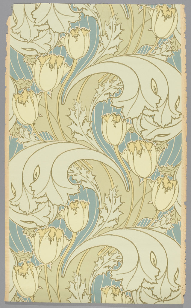 This block-printed wallcovering is occupied by large tulip bulbs, stylized acanthus leaves, and curvy stems. The tulips are colored a muted green and yellow with dark green outlines. The background is a deep blue with thin, curved beige lines mimicking the curvature of the stems. The massive, curled leaves imitates crashing waves.