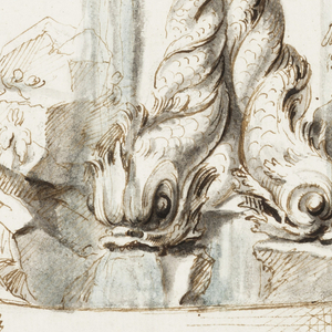Album Page, Design for a Fountain Supported by Dolphins and Two Dogs, 1690s