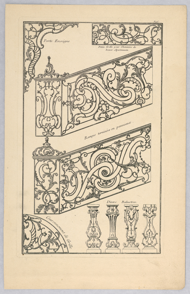 Print, Designs for Decorative Ironwork, Plate 95 from Divers dessins de balcons a plusieurs usages (Variety of Balcony Designs)