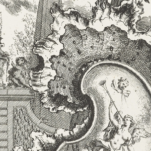 Print, Design for Cartouche with Nude Blowing Horn, in Livre Nouveau de Morceaux de Fantaisie (New Book of Works of Fantasy), 1695–1768
