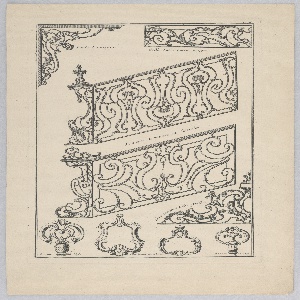 Print, Designs for Decorative Ironwork, Plate 96 from Divers dessins de balcons a plusieurs usages (Variety of Balcony Designs), 1757–1776