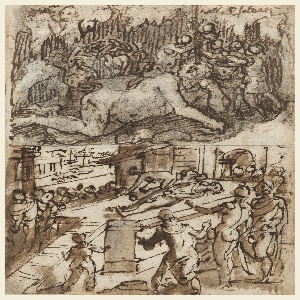 Drawing, Recto Title: Page of a sketchbook showing two scenes, one including the Blinding of Cyclops., ca. 1590