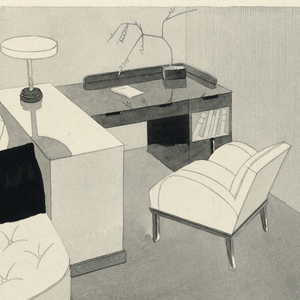 Drawing, Design for Advertising, desk and upholstered chair, ca. 1950