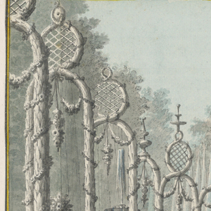 Drawing, Stage Design: Garden Setting with Fountains and Arbors, ca. 1750