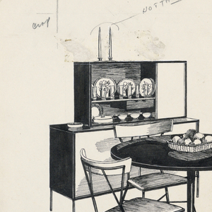 Drawing, Drawing for Advertising, table, chair and sideboard, 1950–60