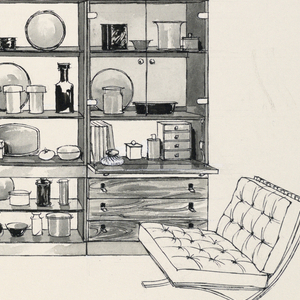 Drawing, Drawing for Advertising, bookshelves, sofa, Barcelona chair
