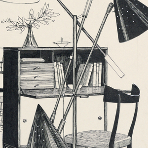 Drawing, Design for Advertising, tables, desks, chairs, and lamps, August 22, 1955