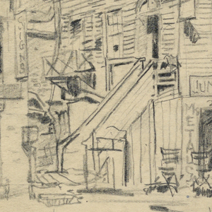 Drawing, Junk Shop, study for etchng: Old House on E. 29th St., ca. 1925