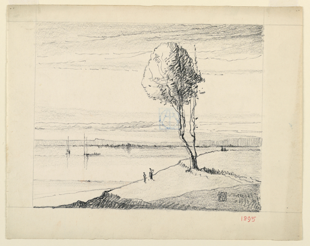 Drawing, Hillside and Tree with Sailboats in Distance