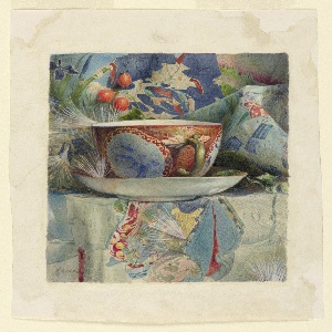 Drawing, Still Life with Tea Cup and Textiles on a Stone Base, 1876