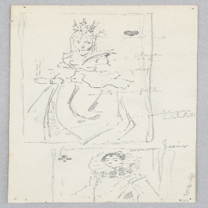 Drawing, Street Scene, Italy (recto); Two enframed views of women on playing cards (verso), 1882