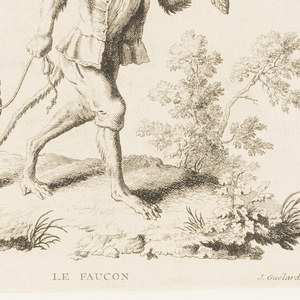 Bound Print, Plate 5, Le Faucon (The Falcon), Singeries ou différentes actions de la vie humaine représentées par des singes (Monkey Antics or Different Actions of Human Life Represented by Monkeys), ca. 1743