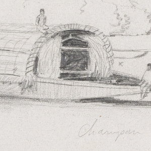 Drawing, Sketches from Colombia: River Craft (Champan), a Woman, Group of Trees, a House, May 1853