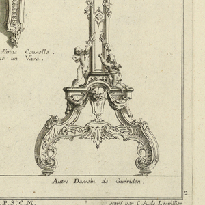 Print, Design for Two Chandeliers, Two Gueridons, and a Wall Bracket with a Vase, 1745