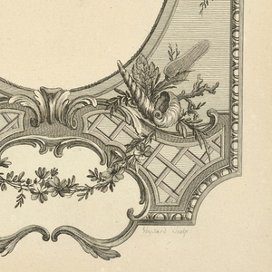 Print, Pl. 3 of 9e cahier from Oeuvres contenant un recueil de trophées, attributs, cartouches, vases, fleurs, ornemens, et plusieurs dessins agréables pour broder des fauteuils; composés et dessinés par Ranson, et gravés par Berthaut et Voysard