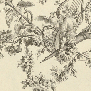 Print, Pl. 4 of 1ere suite des differents attributs, trophées et groupes des fleurs from Oeuvres contenant un recueil de trophées, attributs, cartouches, vases, fleurs, ornemens, et plusieurs dessins agréables pour broder des fauteuils; composés et dessinés par Ranson, et gravés par Berthaut et Voysard