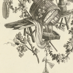 Print, Pl. 5 of 4eme cahier de groups de fleurs et attributs pastorales from Oeuvres contenant un recueil de trophées, attributs, cartouches, vases, fleurs, ornemens, et plusieurs dessins agréables pour broder des fauteuils; composés et dessinés par Ranson, et gravés par Berthaut et Voysard