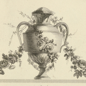 Print, Pl. 1 of 10e cayé de fleurs et vases from Oeuvres contenant un recueil de trophées, attributs, cartouches, vases, fleurs, ornemens, et plusieurs dessins agréables pour broder des fauteuils; composés et dessinés par Ranson, et gravés par Berthaut et Voysard