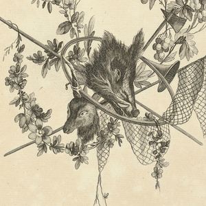 Print, Pl. 5 of 6e suite de trofées de chasse par Ranson from Oeuvres contenant un recueil de trophées, attributs, cartouches, vases, fleurs, ornemens, et plusieurs dessins agréables pour broder des fauteuils; composés et dessinés par Ranson, et gravés par Berthaut et Voysard