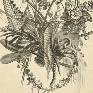 Print, Pl. 4 of 8e cahier from Oeuvres contenant un recueil de trophées, attributs, cartouches, vases, fleurs, ornemens, et plusieurs dessins agréables pour broder des fauteuils; composés et dessinés par Ranson, et gravés par Berthaut et Voysard
