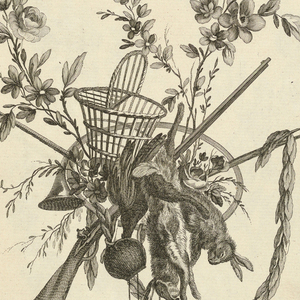 Print, Pl. 4 of 6e suite de trofées de chasse par Ranson from Oeuvres contenant un recueil de trophées, attributs, cartouches, vases, fleurs, ornemens, et plusieurs dessins agréables pour broder des fauteuils; composés et dessinés par Ranson, et gravés par Berthaut et Voysard