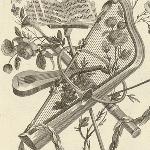Print, Pl. 3 of 7e cahier de trofées de musique from Oeuvres contenant un recueil de trophées, attributs, cartouches, vases, fleurs, ornemens, et plusieurs dessins agréables pour broder des fauteuils; composés et dessinés par Ranson, et gravés par Berthaut et Voysard