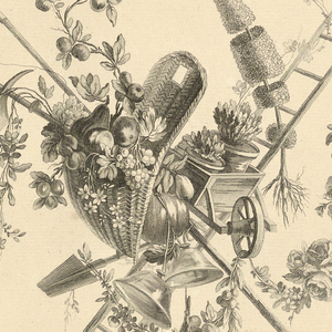 Print, Pl. 1 of 2e suite des differents attributs, trophées et groupes des fleurs from Oeuvres contenant un recueil de trophées, attributs, cartouches, vases, fleurs, ornemens, et plusieurs dessins agréables pour broder des fauteuils; composés et dessinés par Ranson, et gravés par Berthaut et Voysard