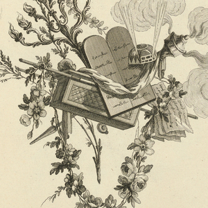 Print, Pl. 5 of 12e cahier from Oeuvres contenant un recueil de trophées, attributs, cartouches, vases, fleurs, ornemens, et plusieurs dessins agréables pour broder des fauteuils; composés et dessinés par Ranson, et gravés par Berthaut et Voysard
