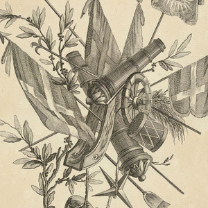 Print, Pl. 4 of 3e cahier de trophées militaires from Oeuvres contenant un recueil de trophées, attributs, cartouches, vases, fleurs, ornemens, et plusieurs dessins agréables pour broder des fauteuils; composés et dessinés par Ranson, et gravés par Berthaut et Voysard