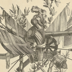 Print, Pl. 1 of 3e cahier de trophées militaires from Oeuvres contenant un recueil de trophées, attributs, cartouches, vases, fleurs, ornemens, et plusieurs dessins agréables pour broder des fauteuils; composés et dessinés par Ranson, et gravés par Berthaut et Voysard