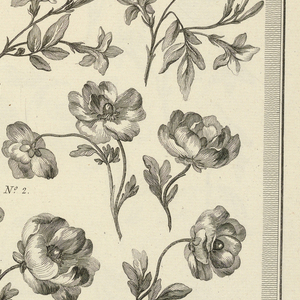 Print, Pl. 3 of 11e cahier de fleurs et trophées from Oeuvres contenant un recueil de trophées, attributs, cartouches, vases, fleurs, ornemens, et plusieurs dessins agréables pour broder des fauteuils; composés et dessinés par Ranson, et gravés par Berthaut et Voysard