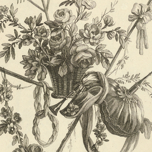 Print, Pl. 3 of 4eme cahier de groups de fleurs et attributs pastorales from Oeuvres contenant un recueil de trophées, attributs, cartouches, vases, fleurs, ornemens, et plusieurs dessins agréables pour broder des fauteuils; composés et dessinés par Ranson, et gravés par Berthaut et Voysard