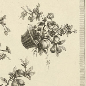 Print, Pl. 6 of 5e cahier de vases et corbeilles de fleurs from Oeuvres contenant un recueil de trophées, attributs, cartouches, vases, fleurs, ornemens, et plusieurs dessins agréables pour broder des fauteuils; composés et dessinés par Ranson, et gravés par Berthaut et Voysard