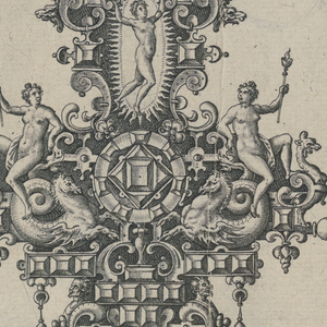 Print, Plate 1, Title page from a suite of ten, entitled Monilium Bullarum Inauriumque Artificiocissimae Icones, Ioannis Collaert Opus Postremum (Designs for Necklaces, Pendants and Earrings of the Highest Skill, the Final Work by Joannis Collaert), 1581