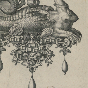 Print, Plate 5, from Bullarum Inaurium etc. Archetypi Artificiosi Pars Altera (Pendants, Earrings, etc. Designs of the Most Skillful Nature, Part Two), 1582
