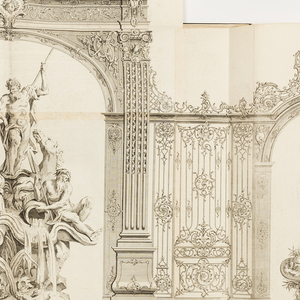 Print, Dessein des Grandes Grilles posées sur la Place royale de Nancy en 1755 par ordre de S. M. le Roy de Pologne [Design for the Neptune Fountain, La Place Royale de Nancy in 1755 by the order of S.M. The King of Poland, in Recueil des Ouvrages en Serrurerie., ca. 1763-67