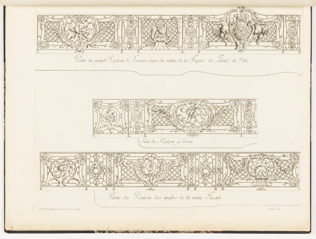 Print, Designs for Three Sections of Balcony Balustrades for the City Hall in Nancy