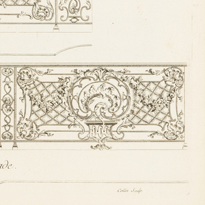 Print, Designs for Three Sections of Metal Balcony for Facade of Hotel de Ville, plate 5 from Recueil des ouvrages en serrurerie que Stanislas le Bienfaisant, roi de Pologne, duc de Lorraine et de Bar, a fait poser sur la Place royale de Nancy, à la gloire de Louis le Bien-Aimé (A Collection of Locksmith