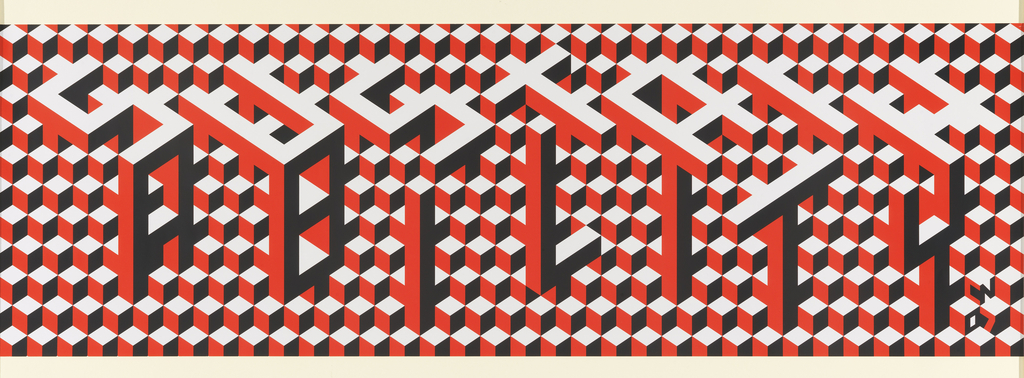 Op-art pattern formed by splitting the word 'sustainability' into two parts and stacking the letters to form cubes with Sustain on top of Ability. Printed in red, black and white, the letter forms echo the optical background that shifts perspective. The color scheme follows white tops with red and black sides of the cubes.